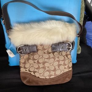 Coach signature fur topped tan brown shoulder bag NEW